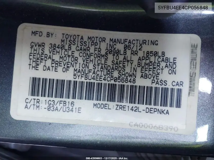 5YFBU4EE4CP056848 2012 Toyota Corolla Le