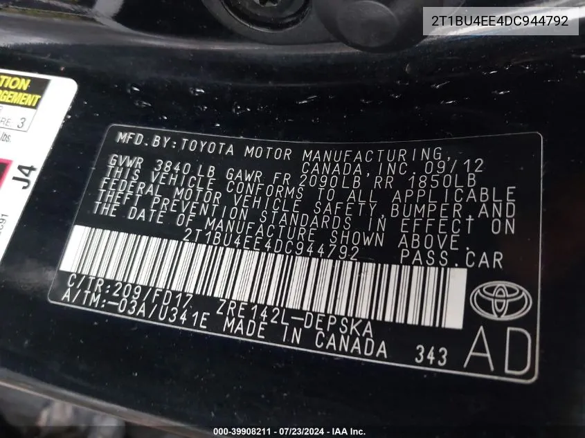 2T1BU4EE4DC944792 2013 Toyota Corolla S