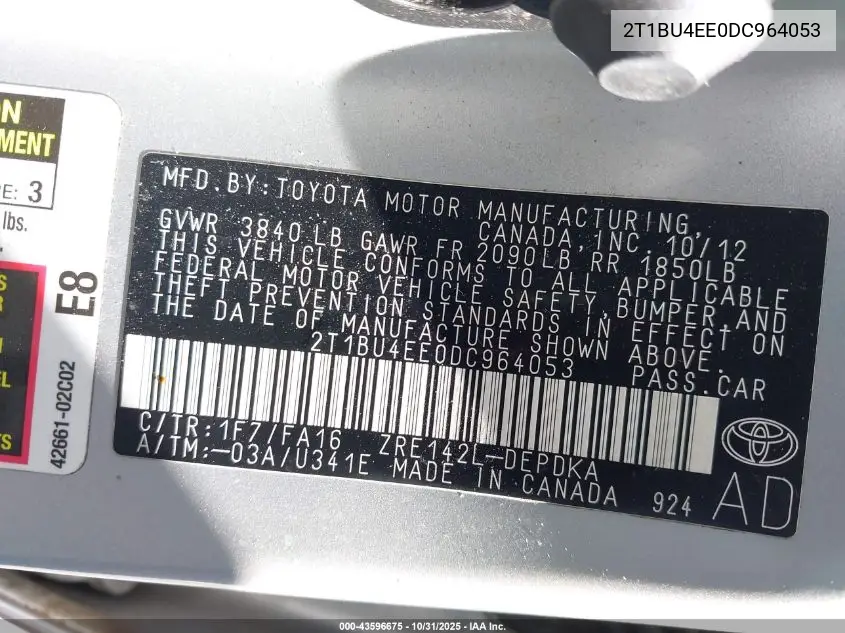 2T1BU4EE0DC964053 2013 Toyota Corolla L