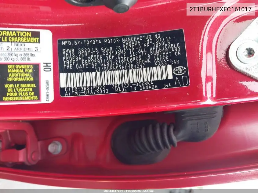 2T1BURHEXEC161017 2014 Toyota Corolla S Plus