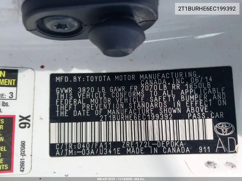 2T1BURHE6EC199392 2014 Toyota Corolla L