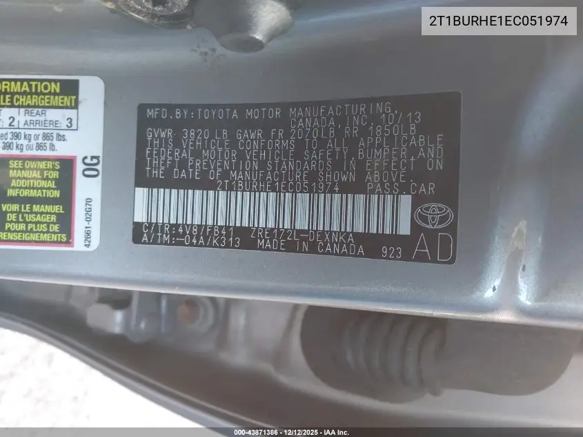 2T1BURHE1EC051974 2014 Toyota Corolla Le