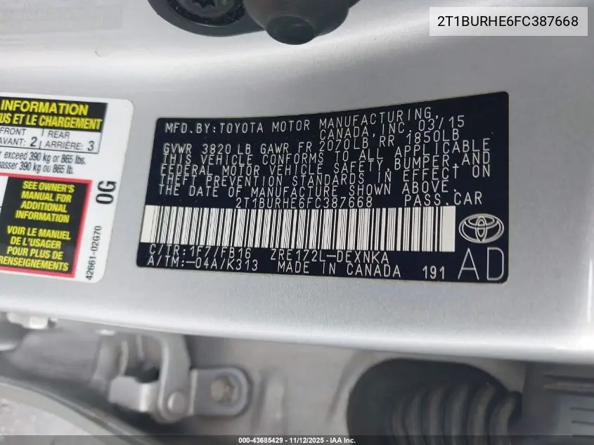 2T1BURHE6FC387668 2015 Toyota Corolla Le