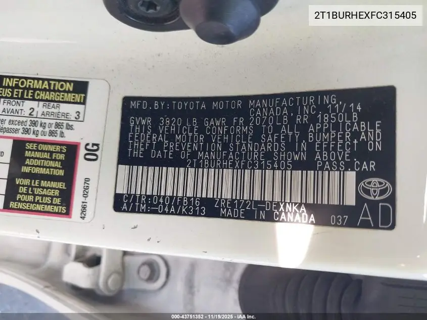 2T1BURHEXFC315405 2015 Toyota Corolla Le