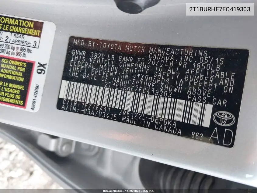 2T1BURHE7FC419303 2015 Toyota Corolla L