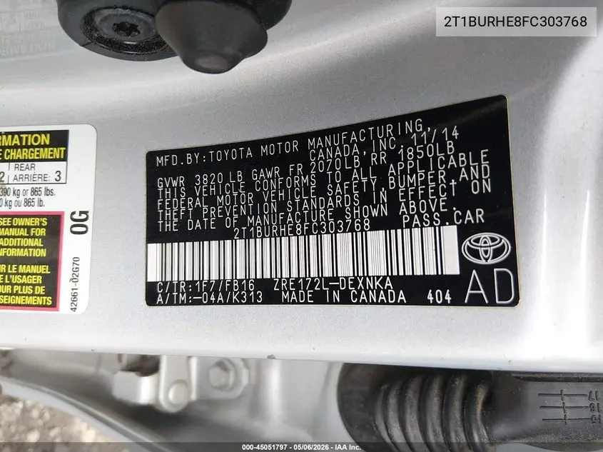 2T1BURHE8FC303768 2015 Toyota Corolla Le