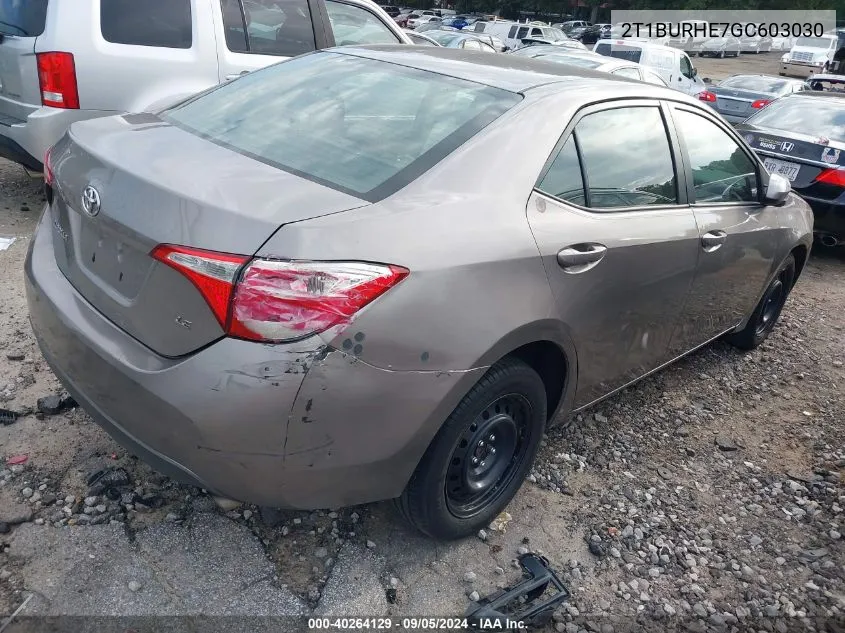 2016 Toyota Corolla Le VIN: 2T1BURHE7GC603030 Lot: 40264129