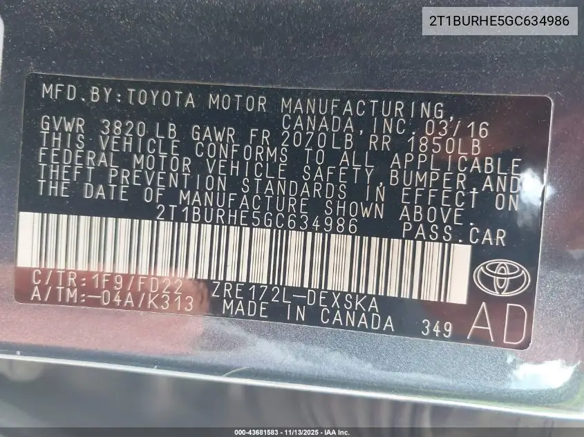 2T1BURHE5GC634986 2016 Toyota Corolla S Plus
