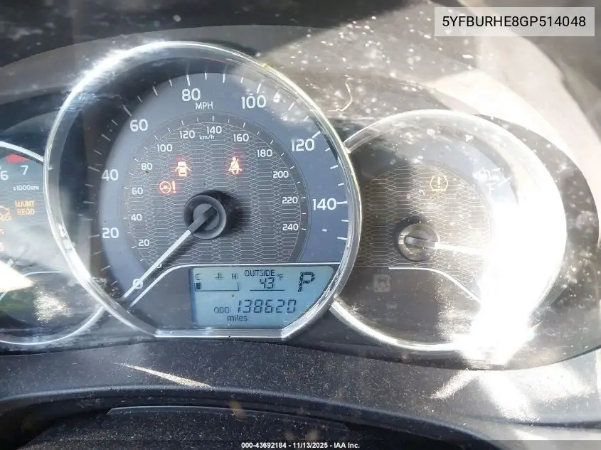 5YFBURHE8GP514048 2016 Toyota Corolla Le