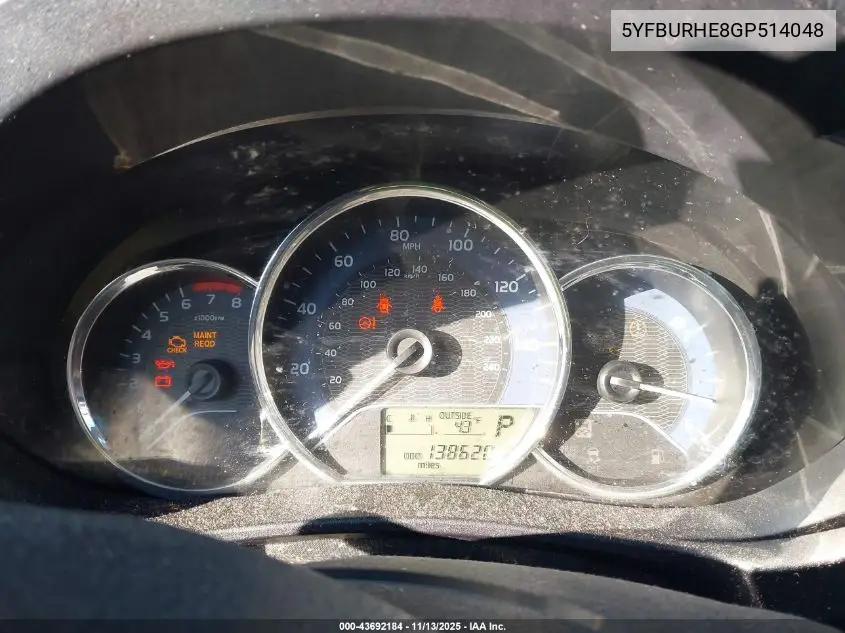 5YFBURHE8GP514048 2016 Toyota Corolla Le