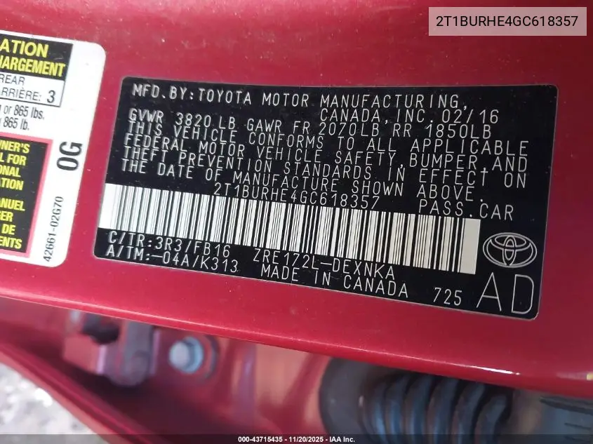 2T1BURHE4GC618357 2016 Toyota Corolla Le