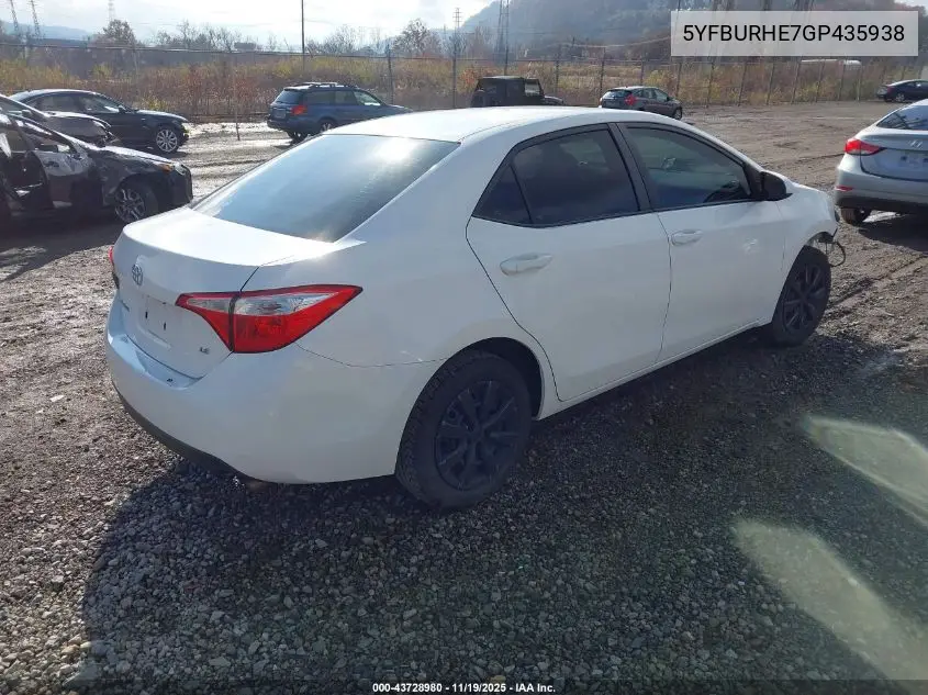 5YFBURHE7GP435938 2016 Toyota Corolla Le