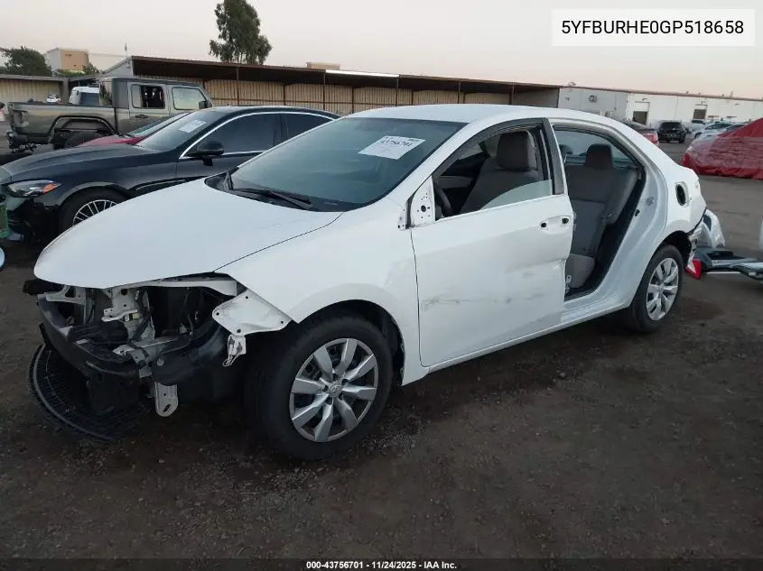 5YFBURHE0GP518658 2016 Toyota Corolla Le