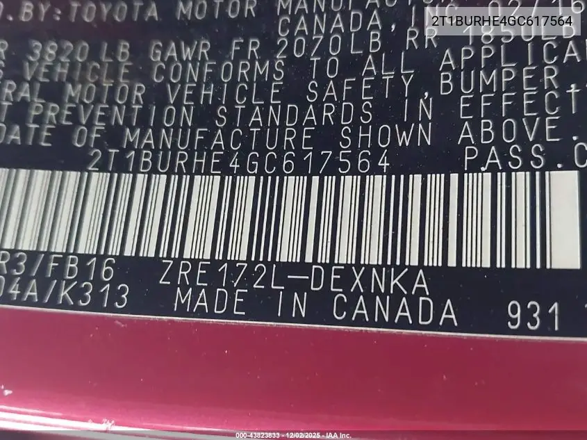 2T1BURHE4GC617564 2016 Toyota Corolla Le