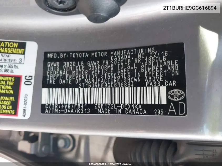 2T1BURHE9GC616894 2016 Toyota Corolla Le