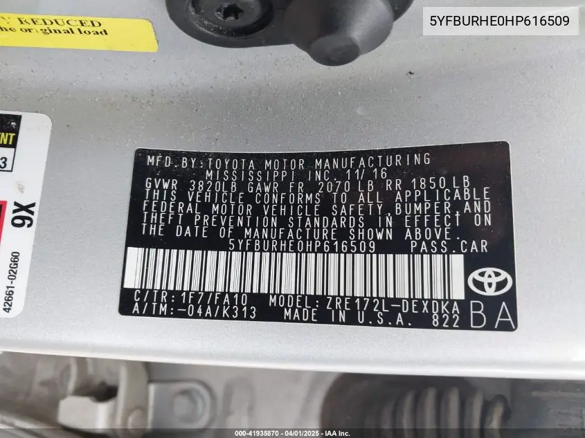 5YFBURHE0HP616509 2017 Toyota Corolla L