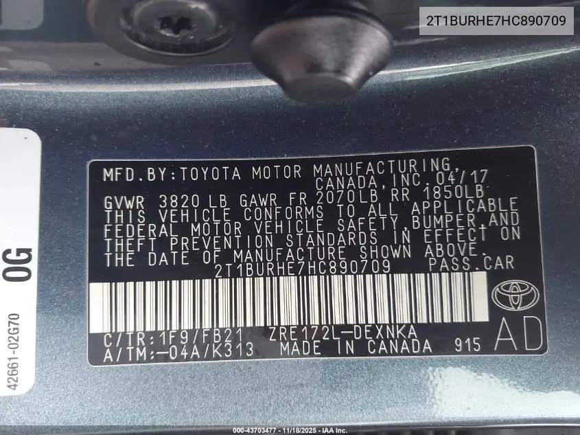 2T1BURHE7HC890709 2017 Toyota Corolla Le