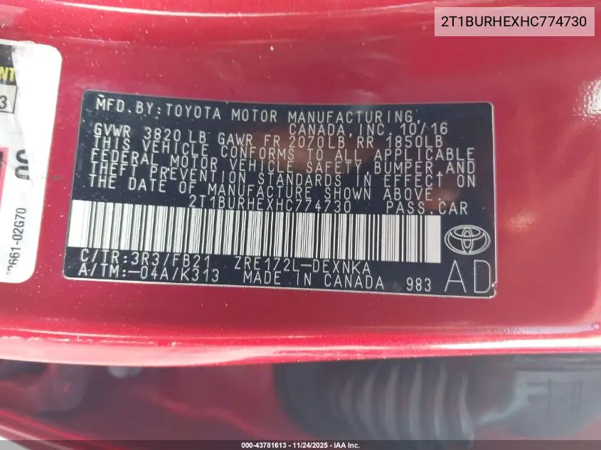 2T1BURHEXHC774730 2017 Toyota Corolla Le