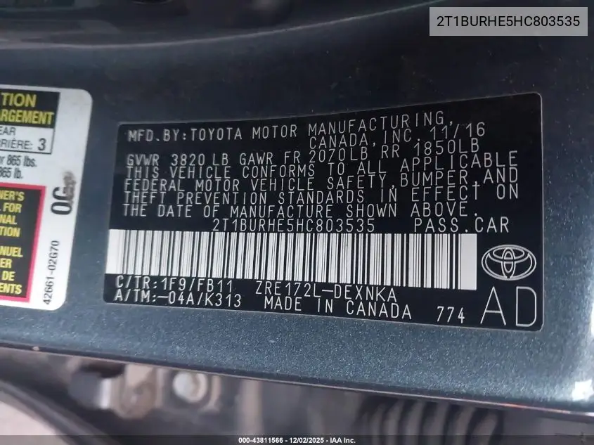 2T1BURHE5HC803535 2017 Toyota Corolla Le