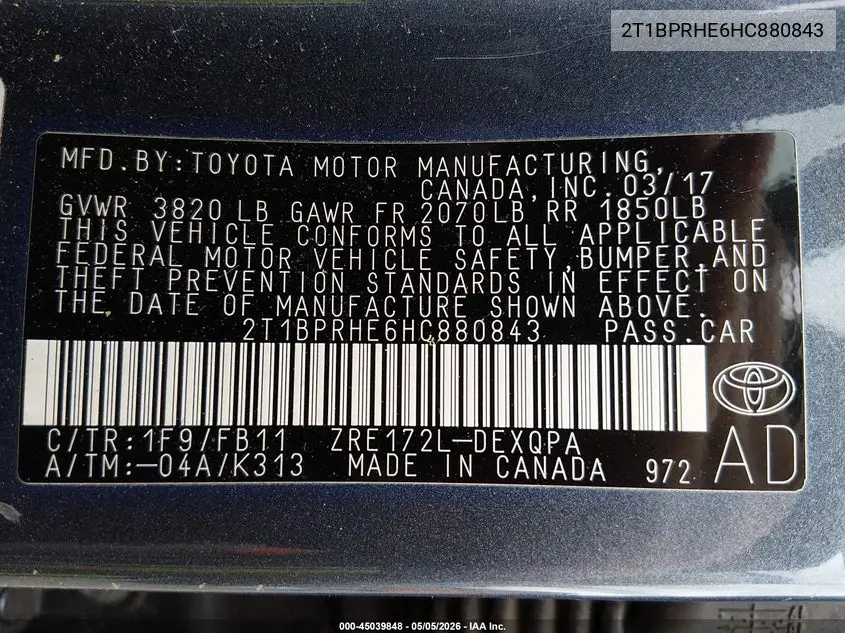 2T1BPRHE6HC880843 2017 Toyota Corolla