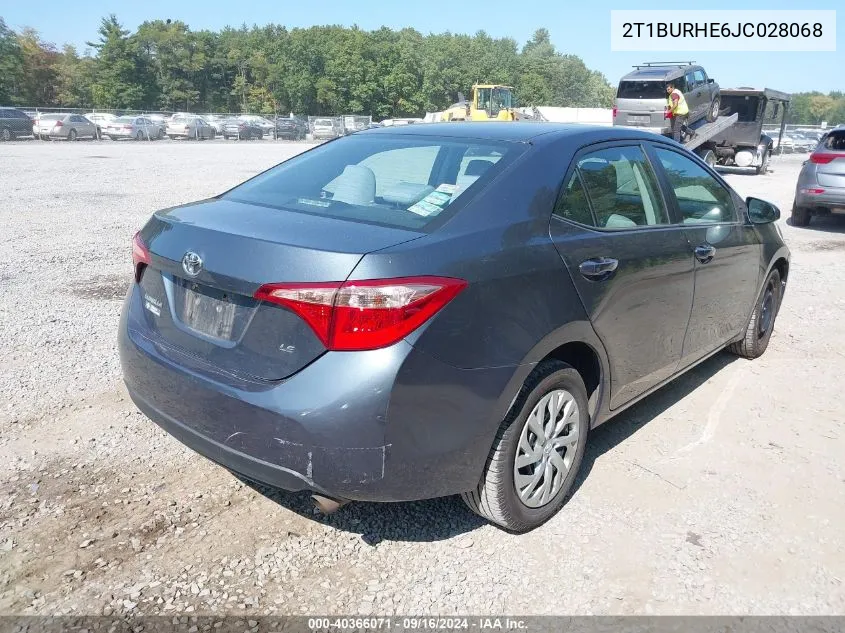 2018 Toyota Corolla Le VIN: 2T1BURHE6JC028068 Lot: 40366071