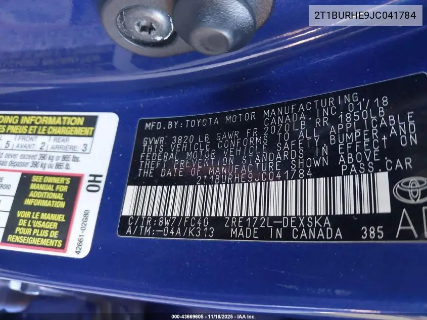 2T1BURHE9JC041784 2018 Toyota Corolla Se
