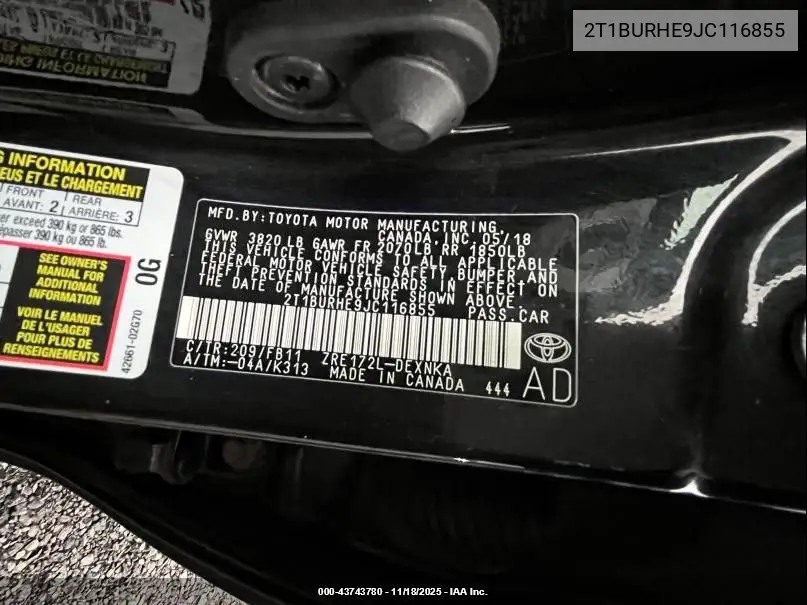2T1BURHE9JC116855 2018 Toyota Corolla Le