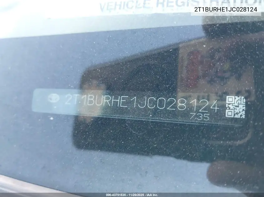 2T1BURHE1JC028124 2018 Toyota Corolla Le