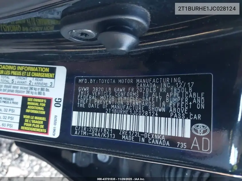 2T1BURHE1JC028124 2018 Toyota Corolla Le