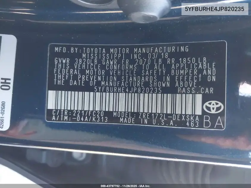 5YFBURHE4JP820235 2018 Toyota Corolla Se