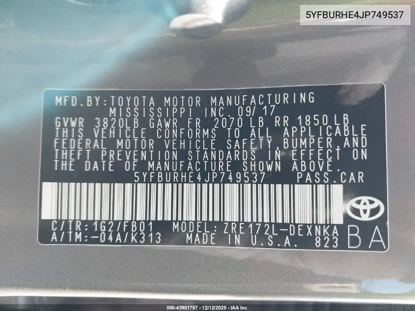 5YFBURHE4JP749537 2018 Toyota Corolla Le