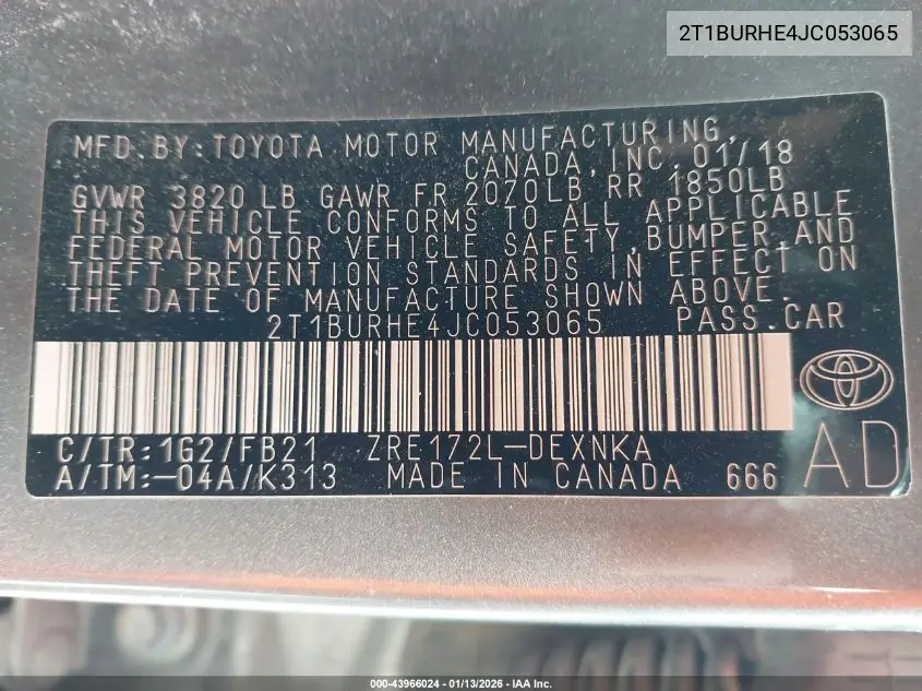 2T1BURHE4JC053065 2018 Toyota Corolla Le