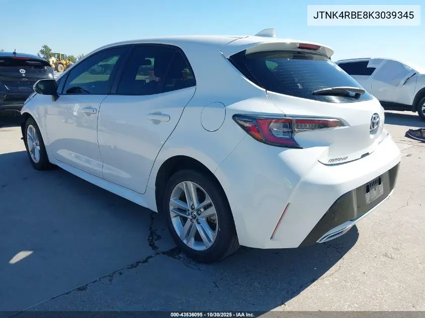 JTNK4RBE8K3039345 2019 Toyota Corolla Se