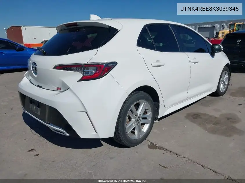 JTNK4RBE8K3039345 2019 Toyota Corolla Se