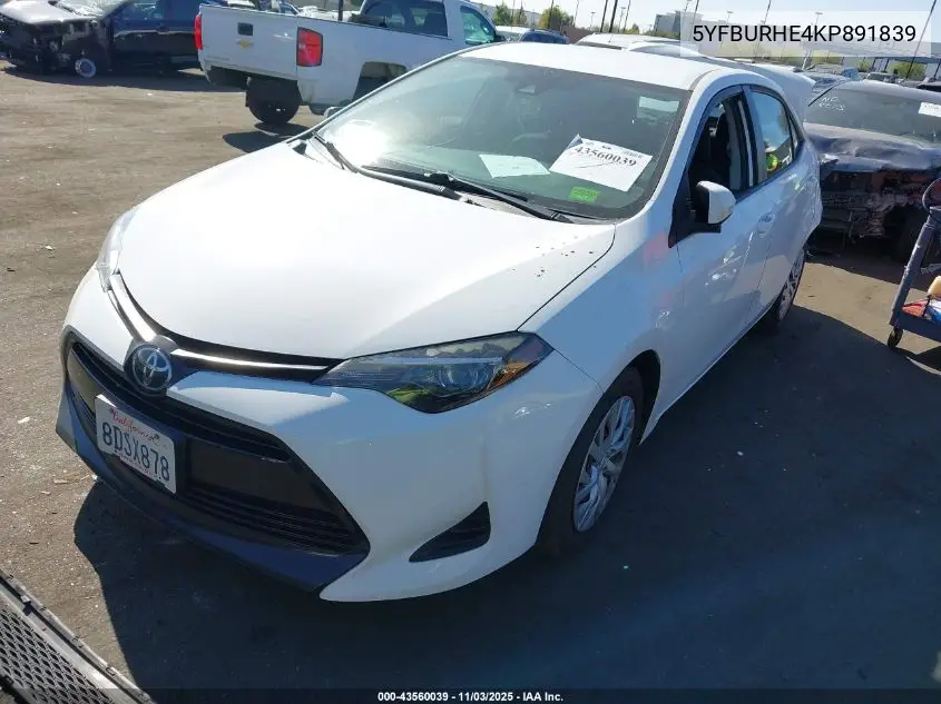 5YFBURHE4KP891839 2019 Toyota Corolla Le