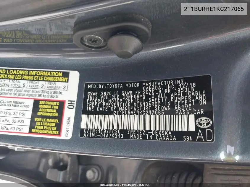 2T1BURHE1KC217065 2019 Toyota Corolla Se