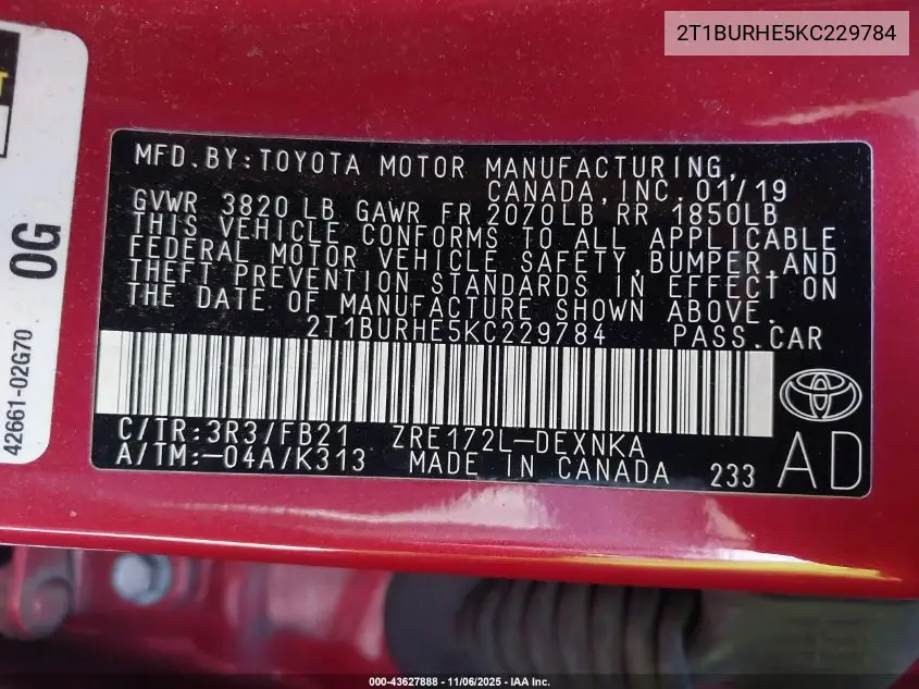 2T1BURHE5KC229784 2019 Toyota Corolla Le