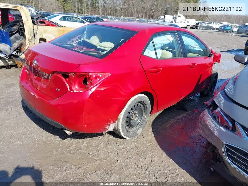 2T1BURHE6KC221192 2019 Toyota Corolla Le