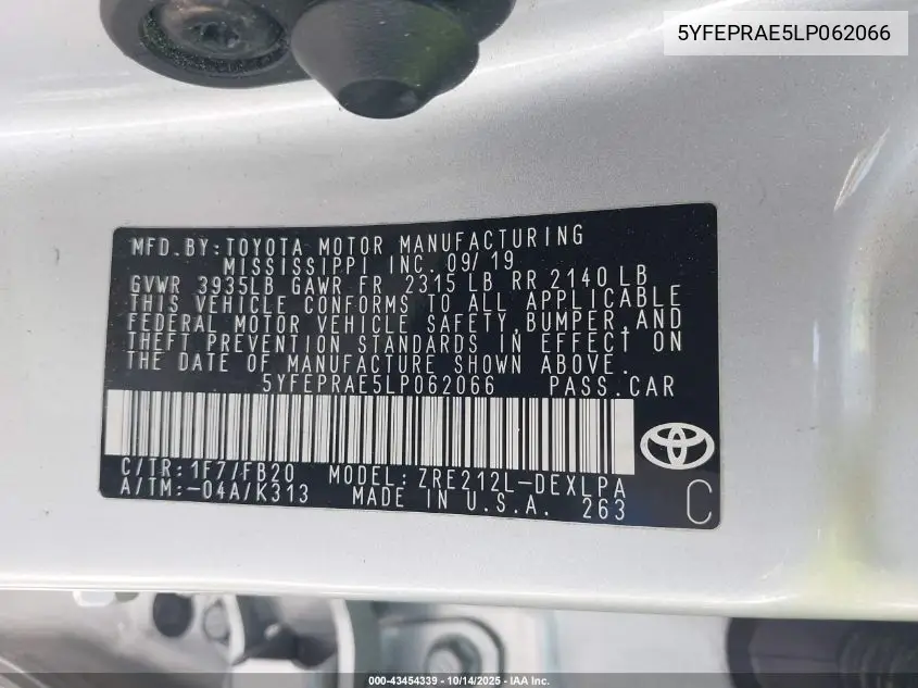 5YFEPRAE5LP062066 2020 Toyota Corolla Le