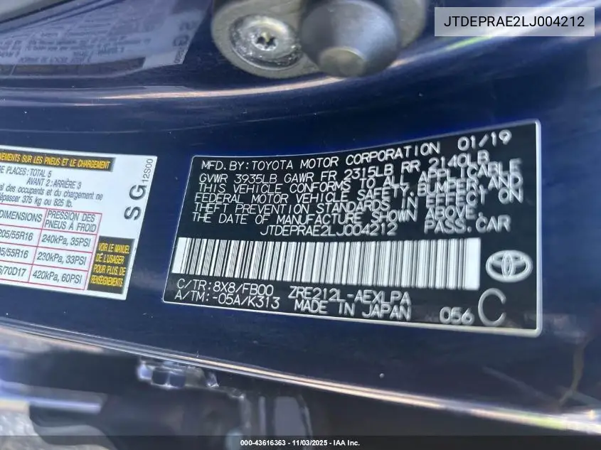 JTDEPRAE2LJ004212 2020 Toyota Corolla Le