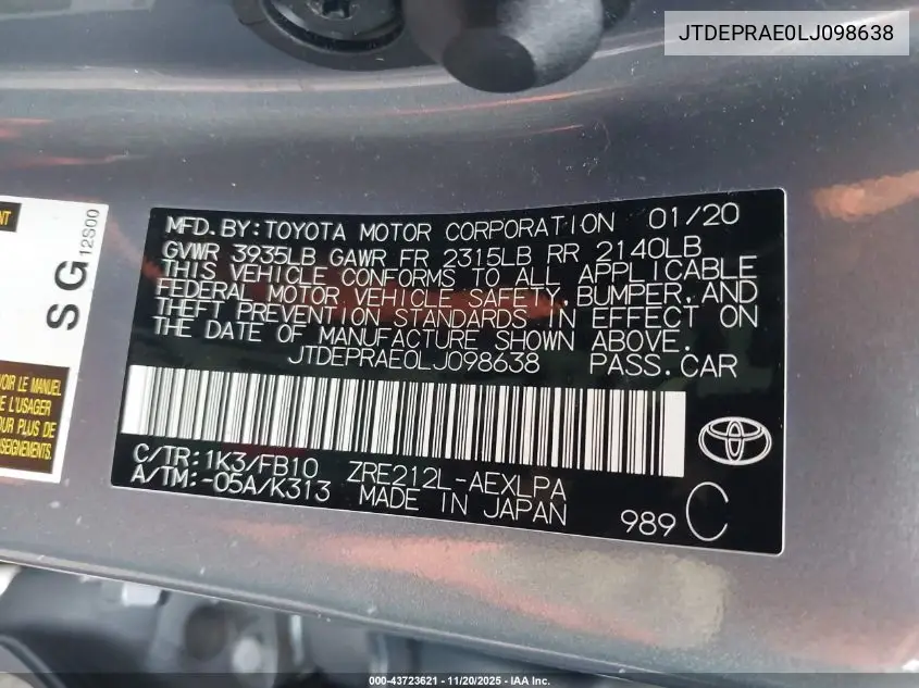 JTDEPRAE0LJ098638 2020 Toyota Corolla Le