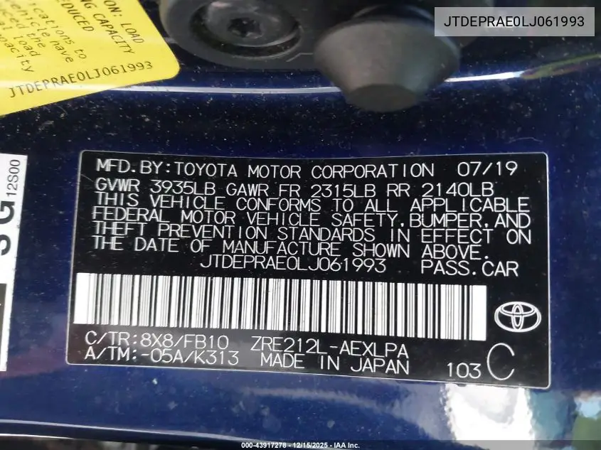 JTDEPRAE0LJ061993 2020 Toyota Corolla Le