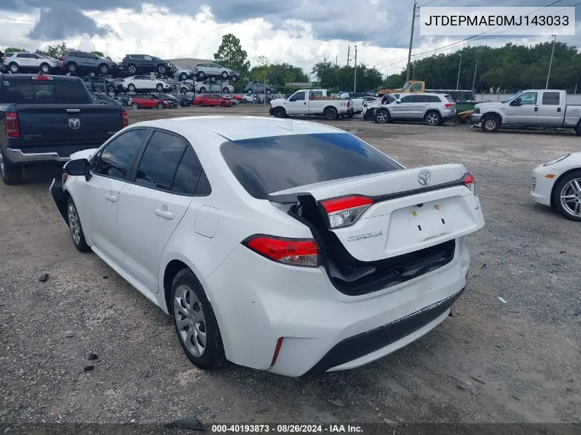 2021 Toyota Corolla Le VIN: JTDEPMAE0MJ143033 Lot: 40193873