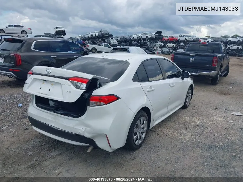 2021 Toyota Corolla Le VIN: JTDEPMAE0MJ143033 Lot: 40193873