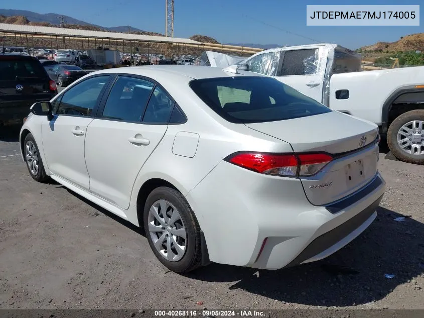 2021 Toyota Corolla Le VIN: JTDEPMAE7MJ174005 Lot: 40268116