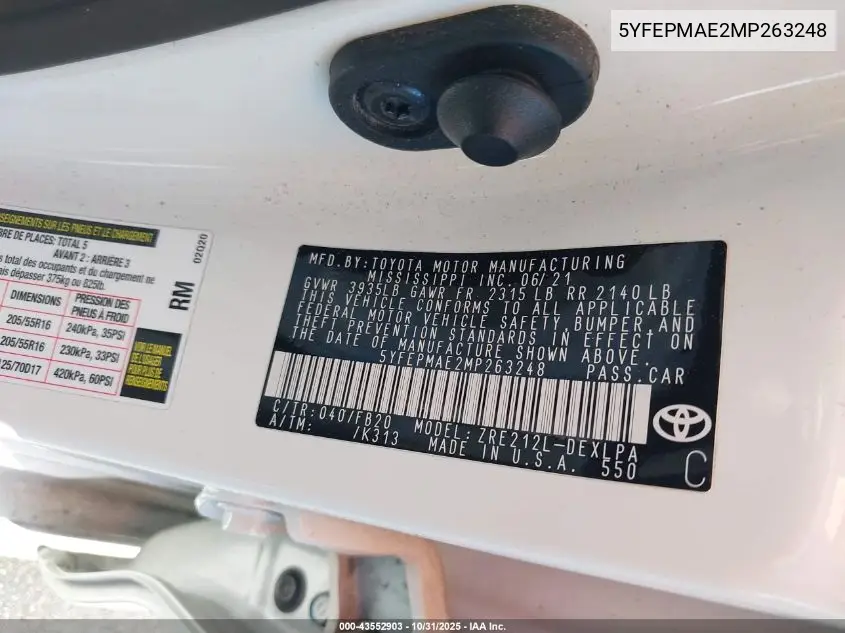 5YFEPMAE2MP263248 2021 Toyota Corolla Le