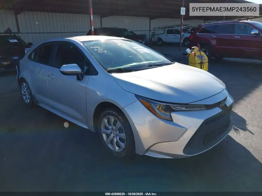 5YFEPMAE3MP243560 2021 Toyota Corolla Le