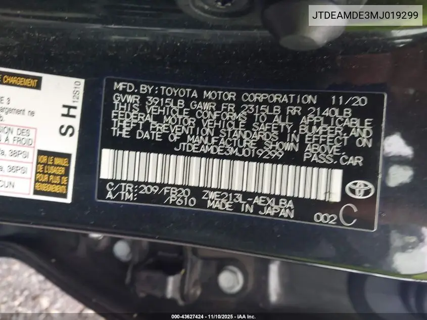 JTDEAMDE3MJ019299 2021 Toyota Corolla Hybrid Le