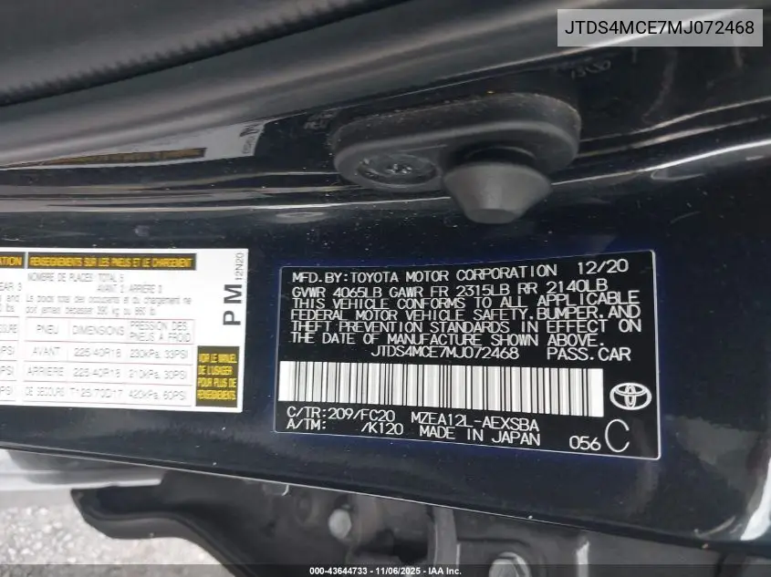 JTDS4MCE7MJ072468 2021 Toyota Corolla Se
