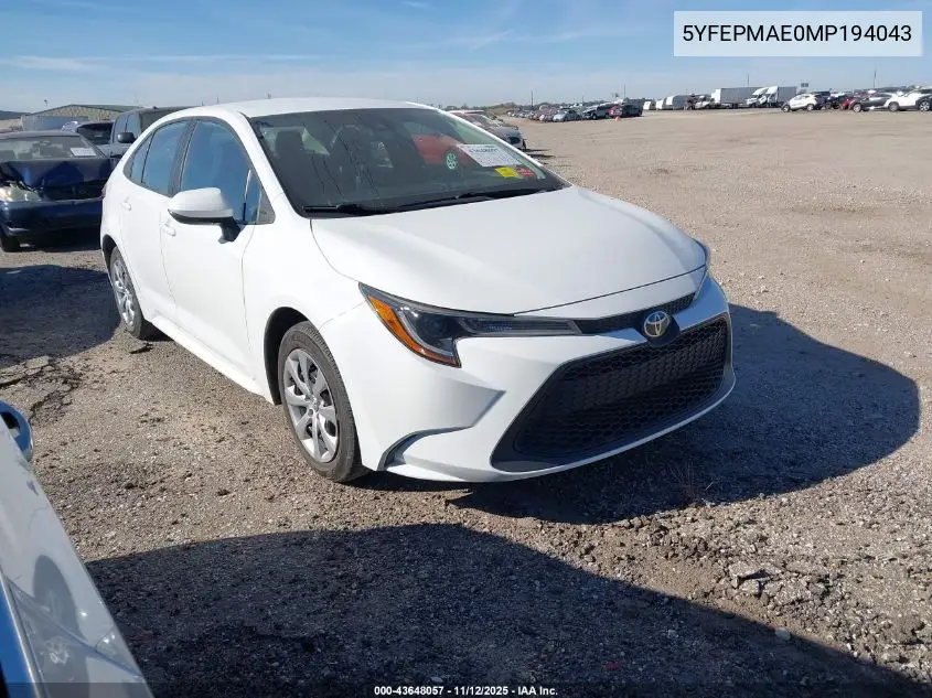 5YFEPMAE0MP194043 2021 Toyota Corolla Le